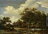 A wooded landscape with a figure crossing a bridge over a stream by Meindert Hobbema